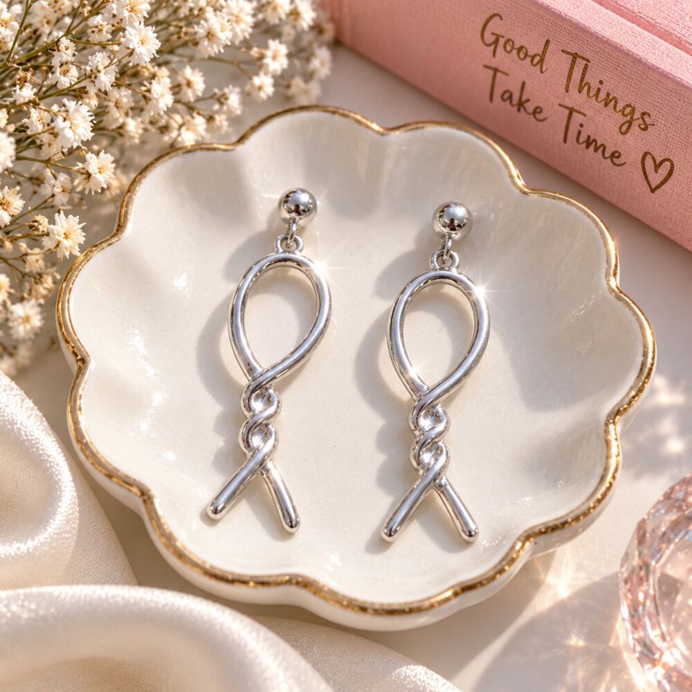 Silver Tone Twisted Ribbon Dangle Earrings,  Y2K Retro Statement Jewelry